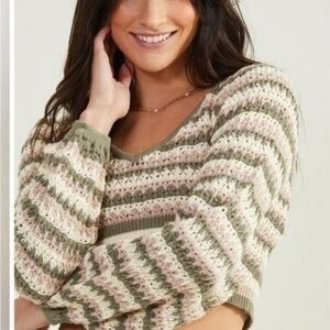 Altar’d State Size M Briella Knit Striped Sweater Cropped Crochet Pink Sage EUC